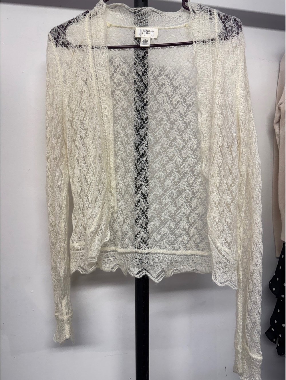 LOFT Ann Taylor White Open Front Lace Cardigan Knit Shrug Crop Topper Size M
